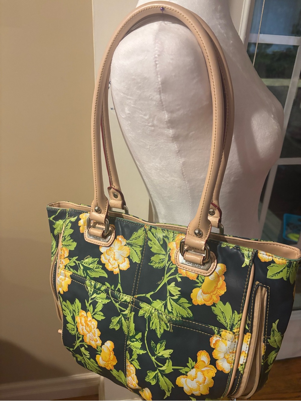 Tignanello Bed of Roses Floral Leather Trim Tote Handbag